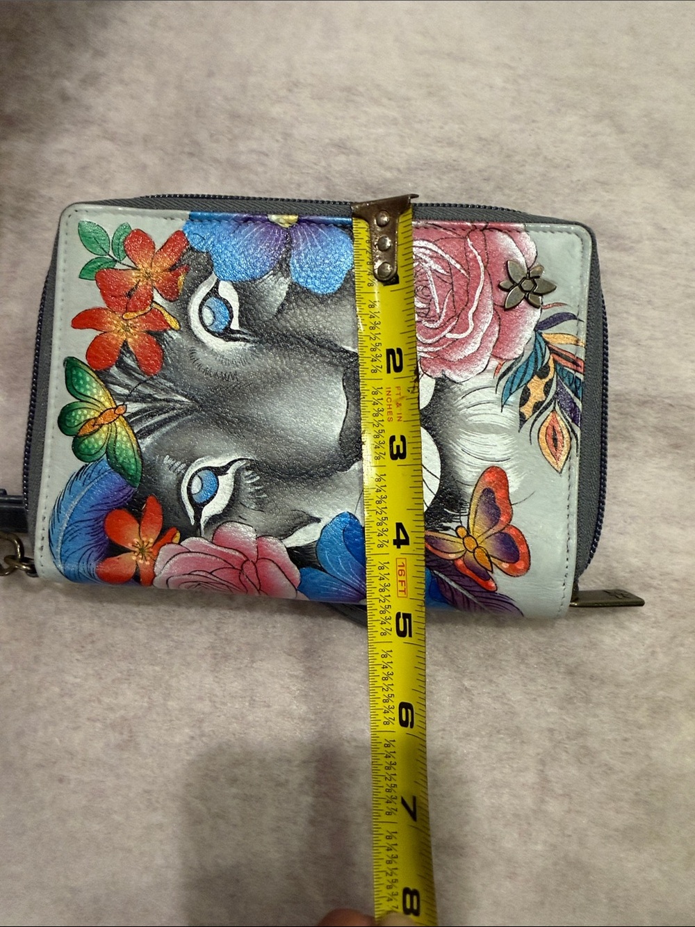 Anuschka Hand-Painted Lion Floral Wristlet in Blue, Pink, Orange, Green, Cream - Picture 7 of 7